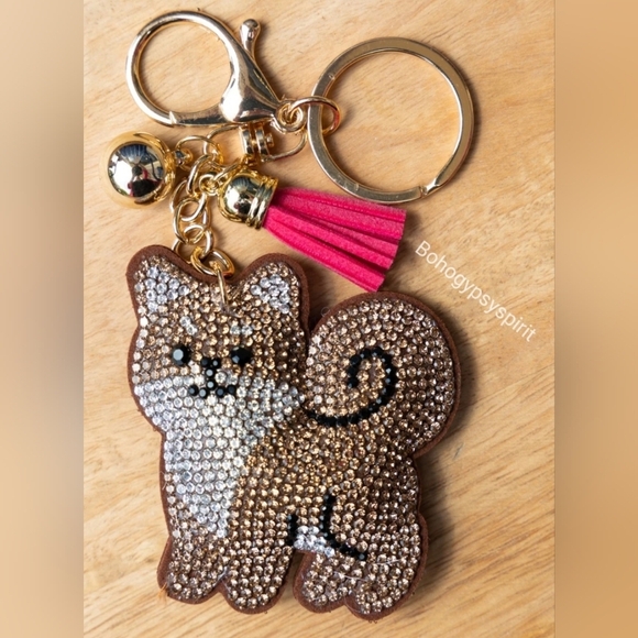Bling Shibu Dog Crystal Rhinestone Keychain Bag Charm With Pink Tassel - Picture 12 of 14
